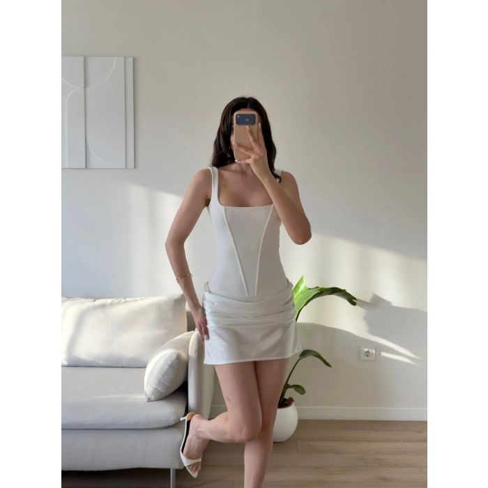 Eteği Drape Bodysuit Elbise - BEYAZ