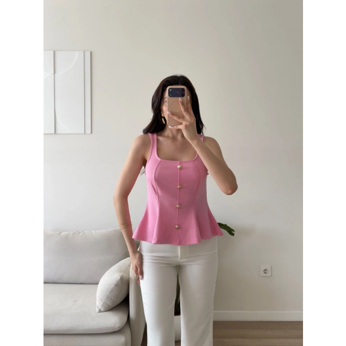 Volanlı Düğmeli Bluz - PEMBE