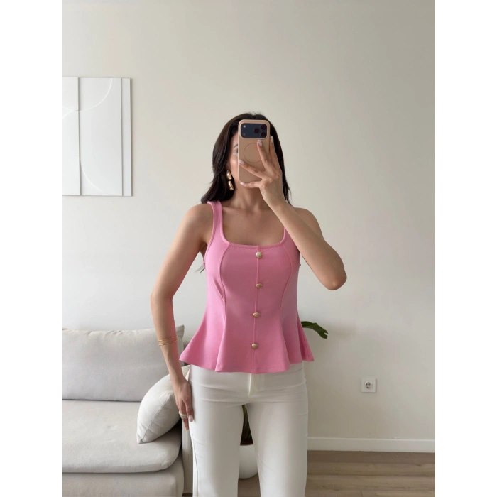 Volanlı Düğmeli Bluz - PEMBE