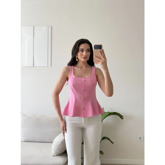 Volanlı Düğmeli Bluz - PEMBE