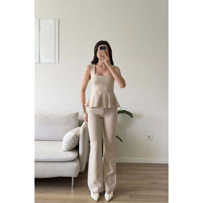 Premium Volanlı Pantolon Takım - BEJ