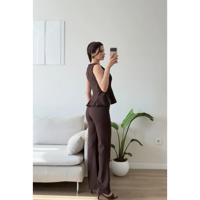 Premium Volanlı Pantolon Takım - KAHVE