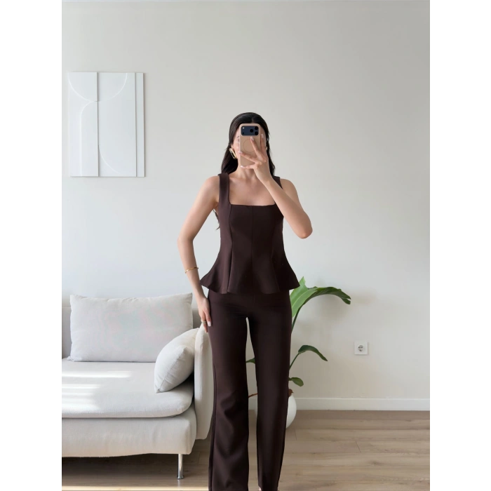 Premium Volanlı Pantolon Takım - KAHVE