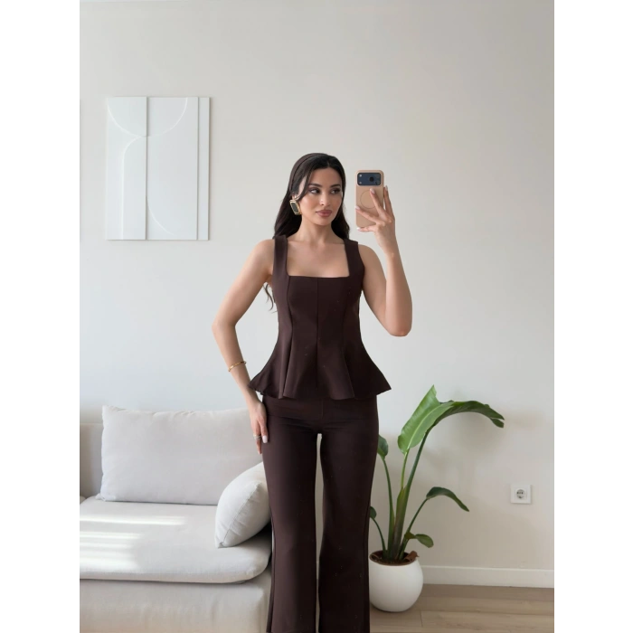 Premium Volanlı Pantolon Takım - KAHVE