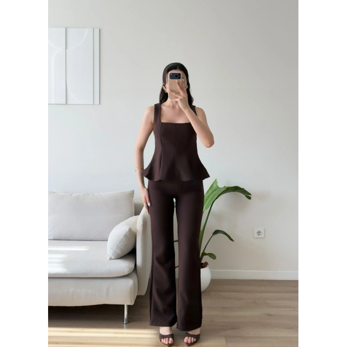 Premium Volanlı Pantolon Takım - KAHVE