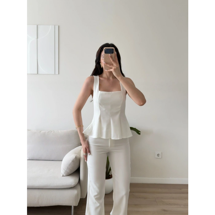 Premium Volanlı Pantolon Takım - BEYAZ