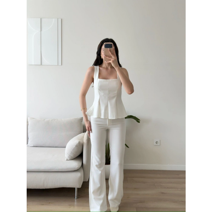 Premium Volanlı Pantolon Takım - BEYAZ