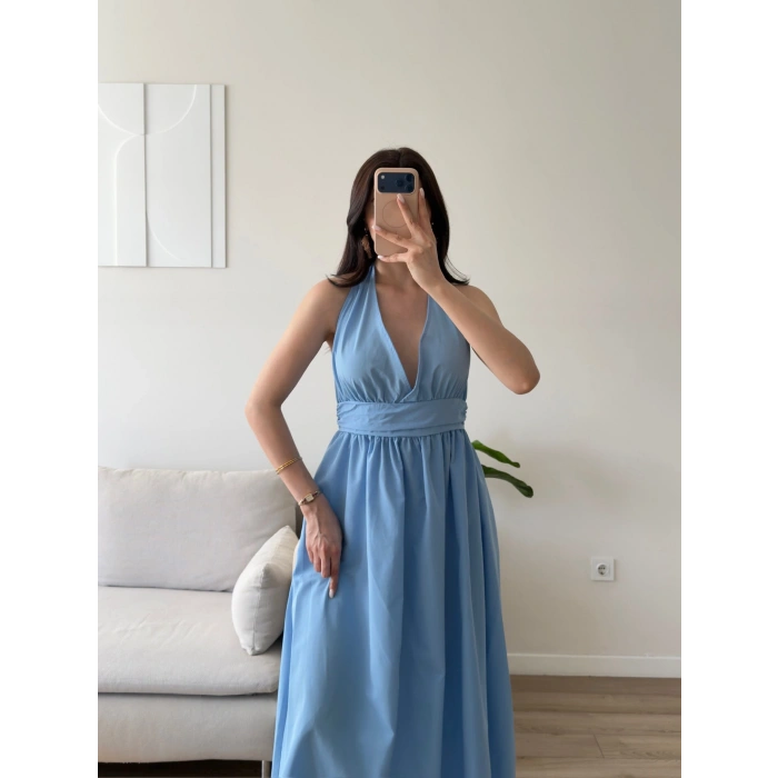 Boyun Bağlamalı Poplin Elbise - MAVİ