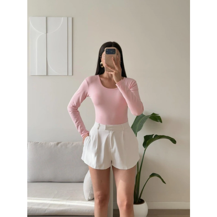 Bisiklet Yaka Bodysuit - PEMBE