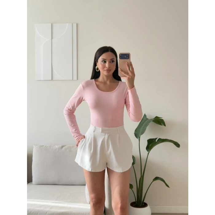 Bisiklet Yaka Bodysuit - PEMBE