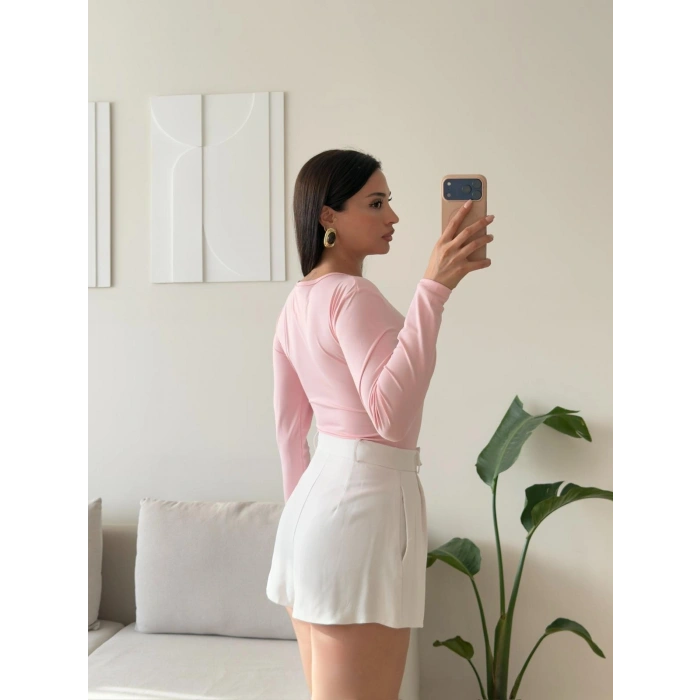 Bisiklet Yaka Bodysuit - PEMBE
