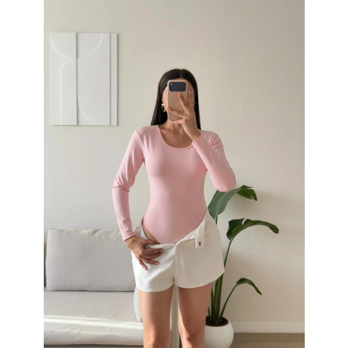Bisiklet Yaka Bodysuit - PEMBE
