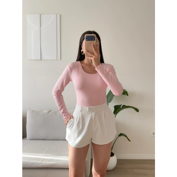 Bisiklet Yaka Bodysuit - PEMBE