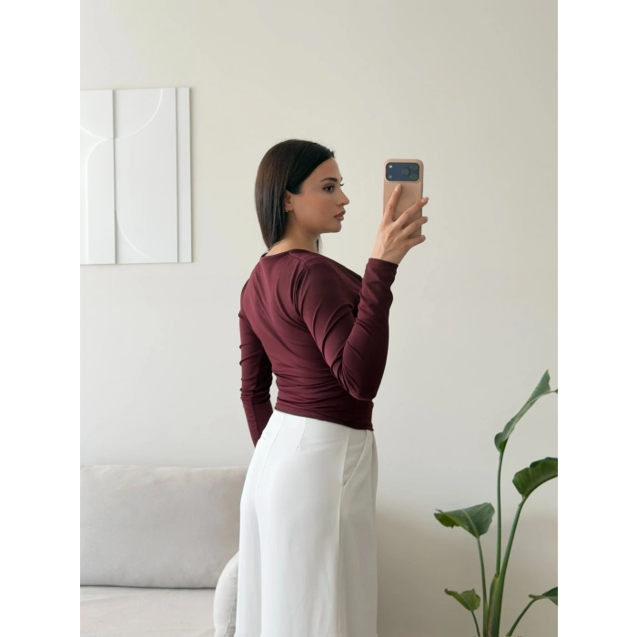Degaje Yaka Drapeli Bluz - BORDO