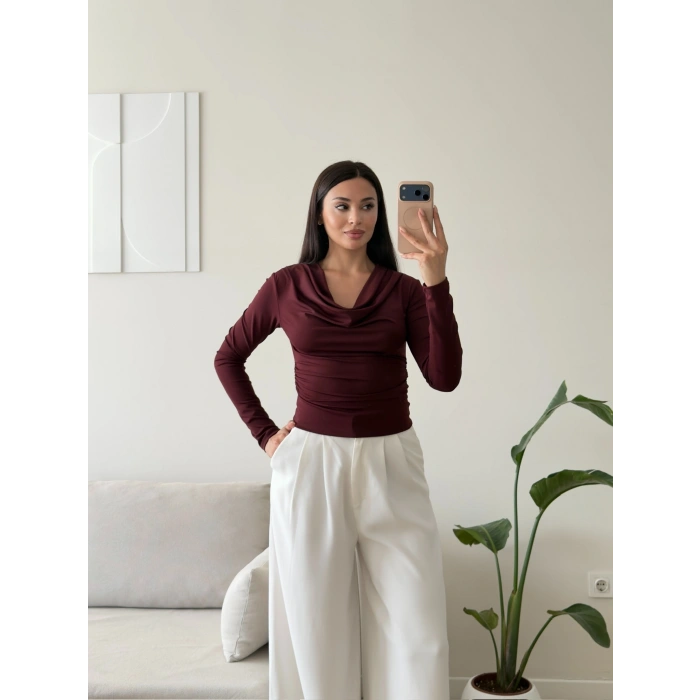 Degaje Yaka Drapeli Bluz - BORDO