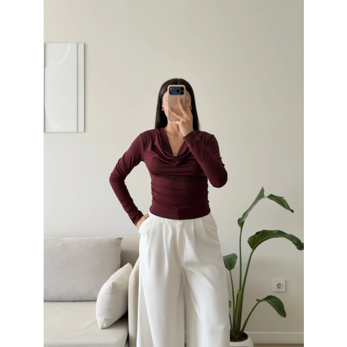 Degaje Yaka Drapeli Bluz - BORDO