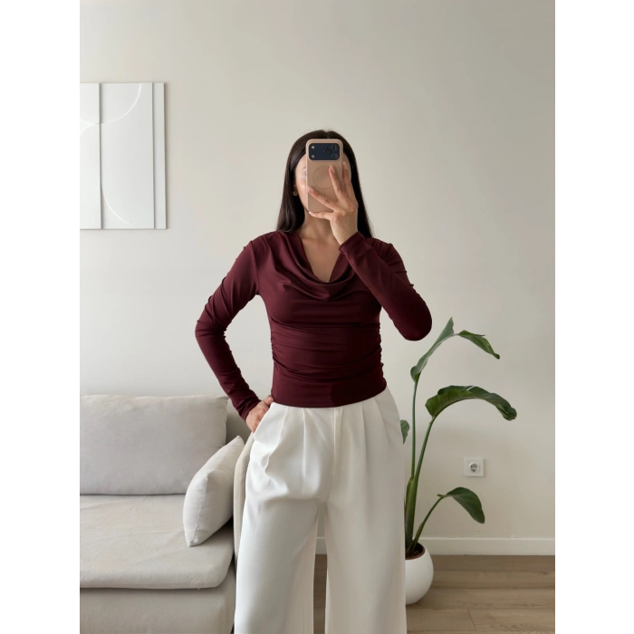 Degaje Yaka Drapeli Bluz - BORDO