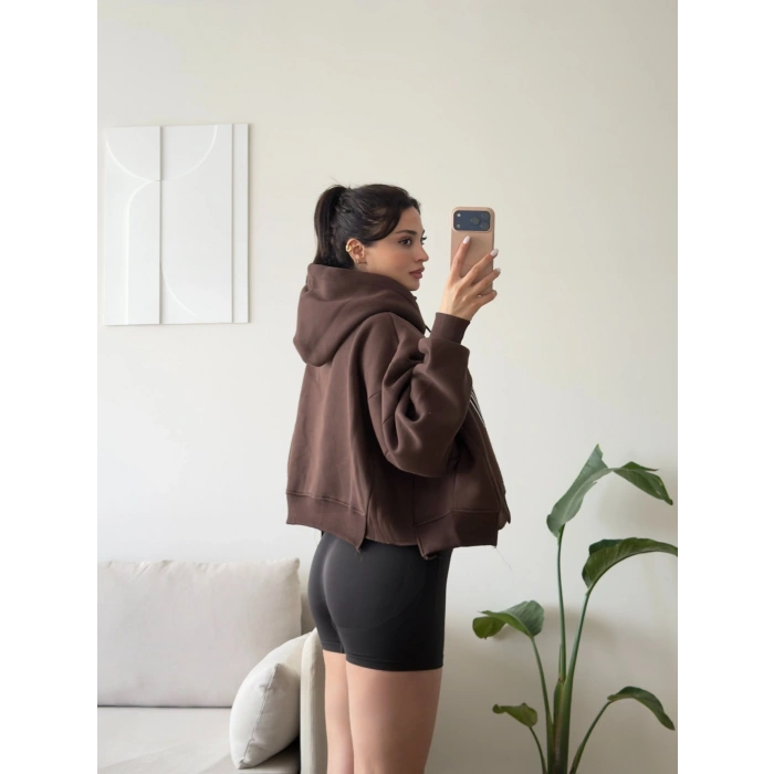 Harvard Fermuarlı Oversize Sweat - KAHVE