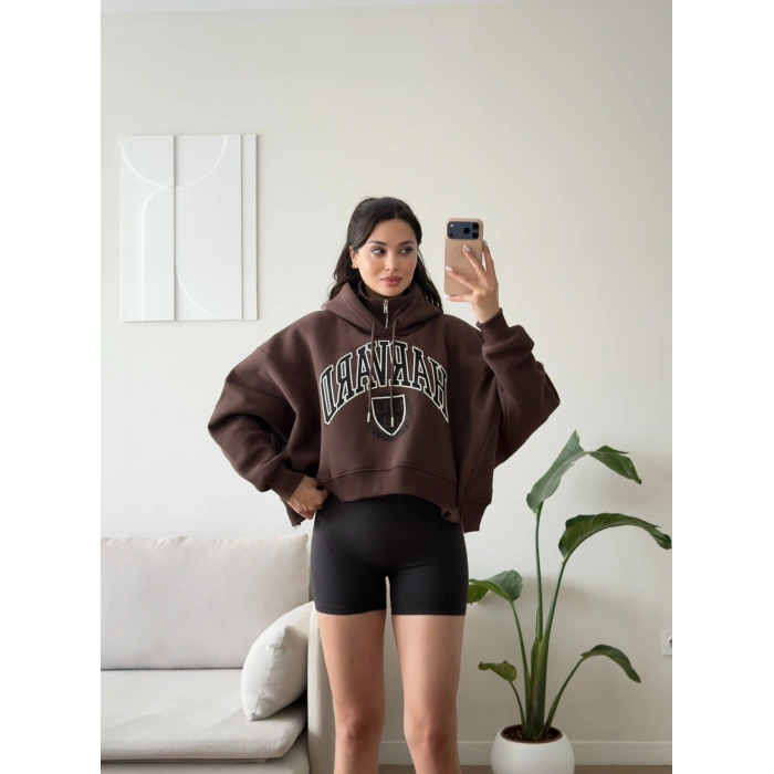 Harvard Fermuarlı Oversize Sweat - KAHVE