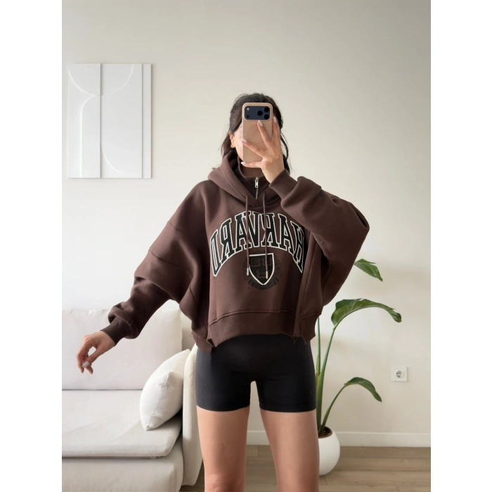Harvard Fermuarlı Oversize Sweat - KAHVE