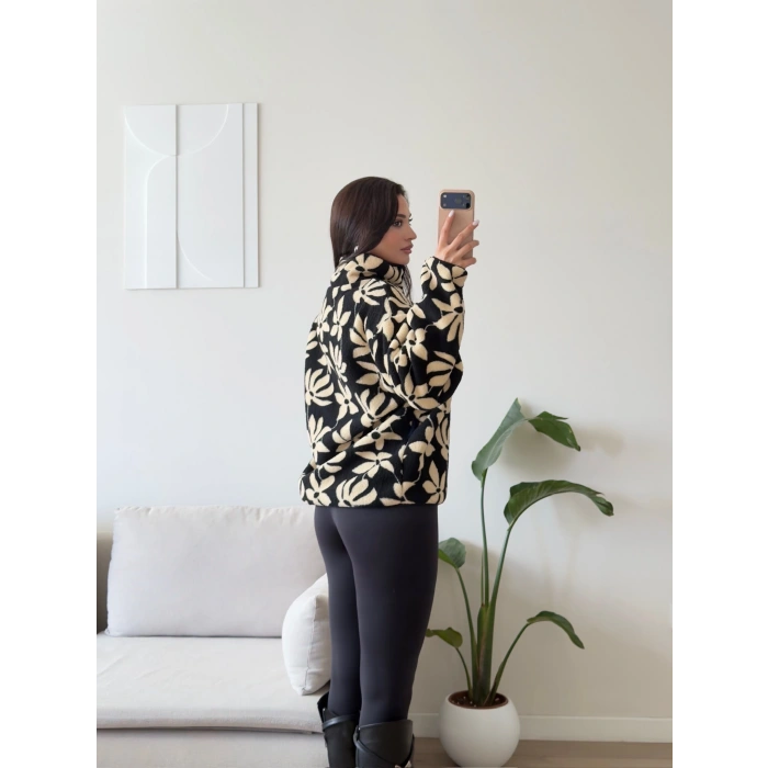 Retro Peluş Fermuar Sweat - ÇİÇEK DESEN