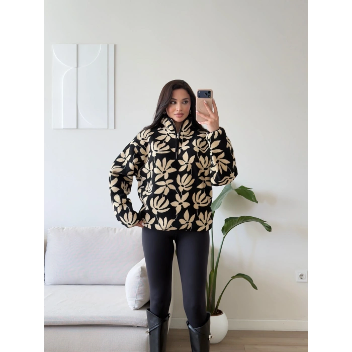 Retro Peluş Fermuar Sweat - ÇİÇEK DESEN