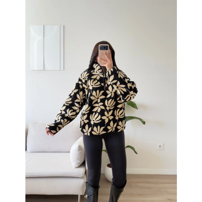 Retro Peluş Fermuar Sweat - ÇİÇEK DESEN