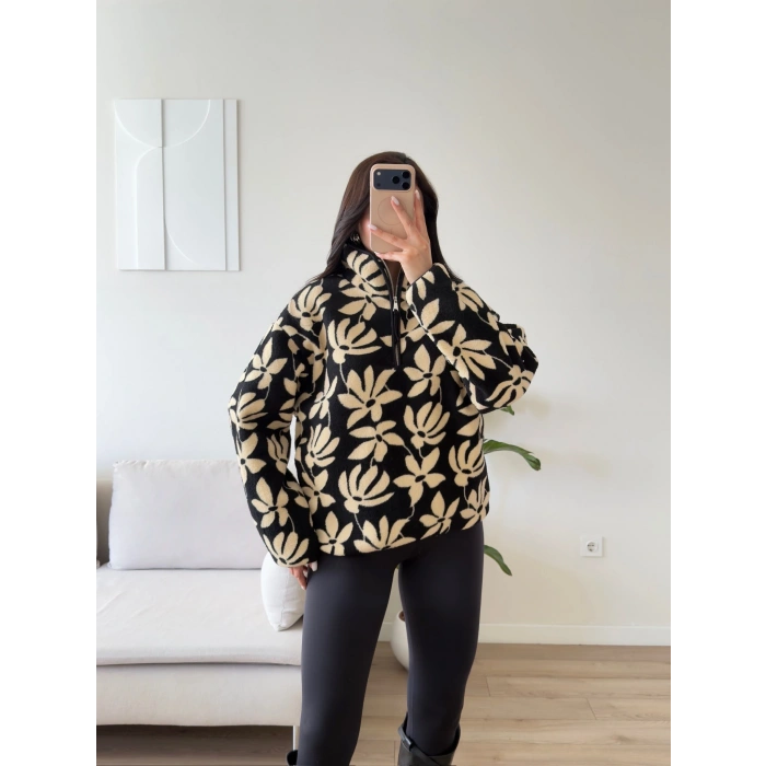 Retro Peluş Fermuar Sweat - ÇİÇEK DESEN