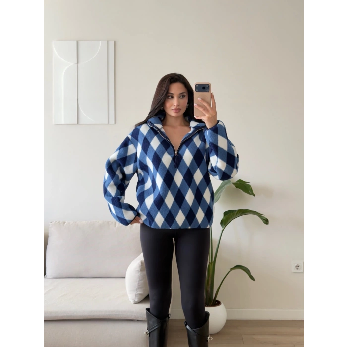 Retro Peluş Fermuar Sweat - BAKLAVA MAVİ