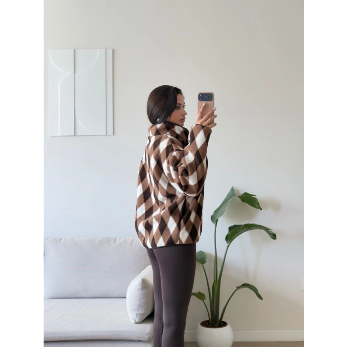 Retro Peluş Fermuar Sweat - BAKLAVA KAHVE
