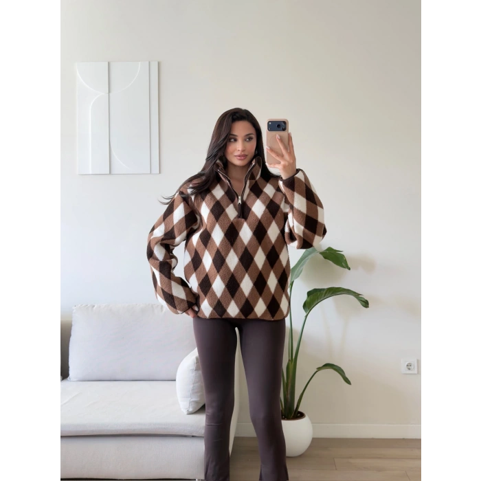 Retro Peluş Fermuar Sweat - BAKLAVA KAHVE