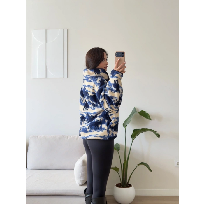 Retro Peluş Fermuar Sweat - GEYİK DESEN