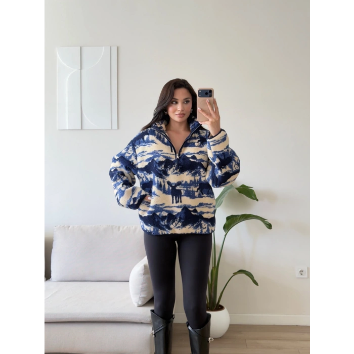 Retro Peluş Fermuar Sweat - GEYİK DESEN