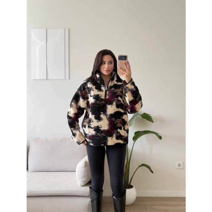 Retro Peluş Fermuar Sweat - BORDO DESEN