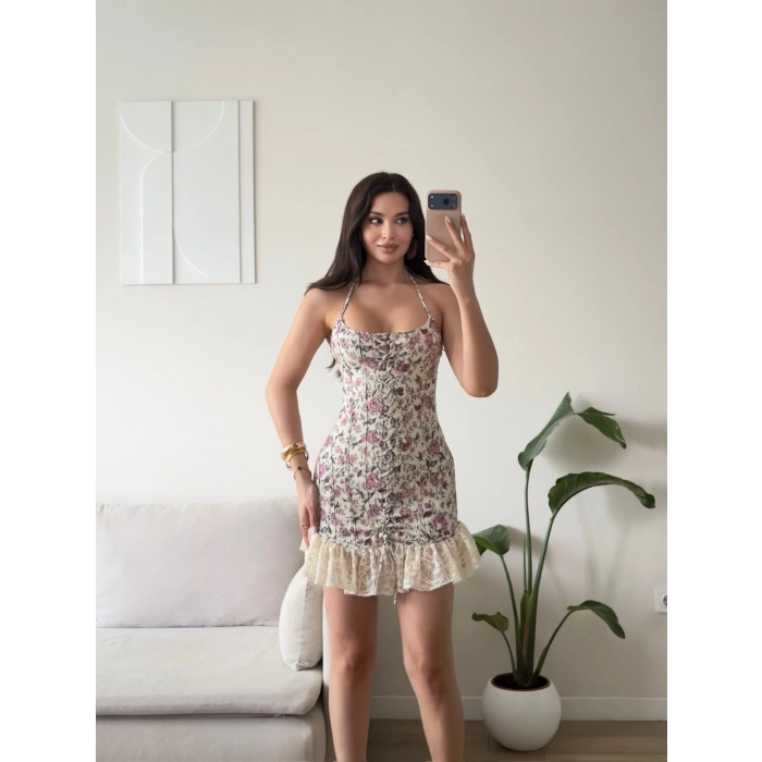 Flora Kuşgözü Askılı Elbise