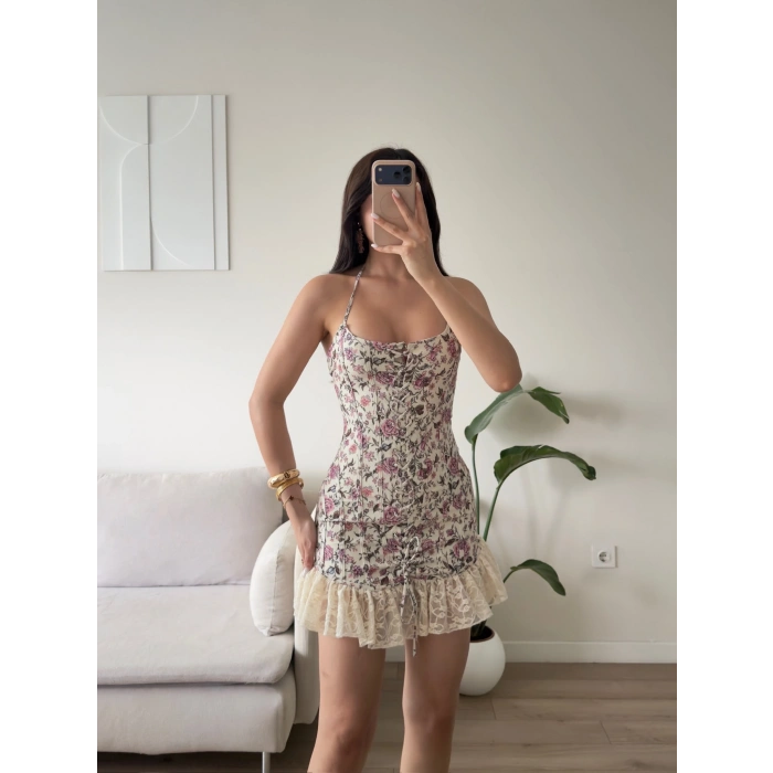 Flora Kuşgözü Askılı Elbise
