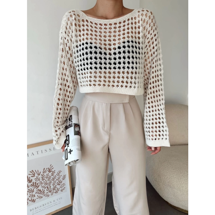 Ajurlu Örgü Crop Kazak-BEJ