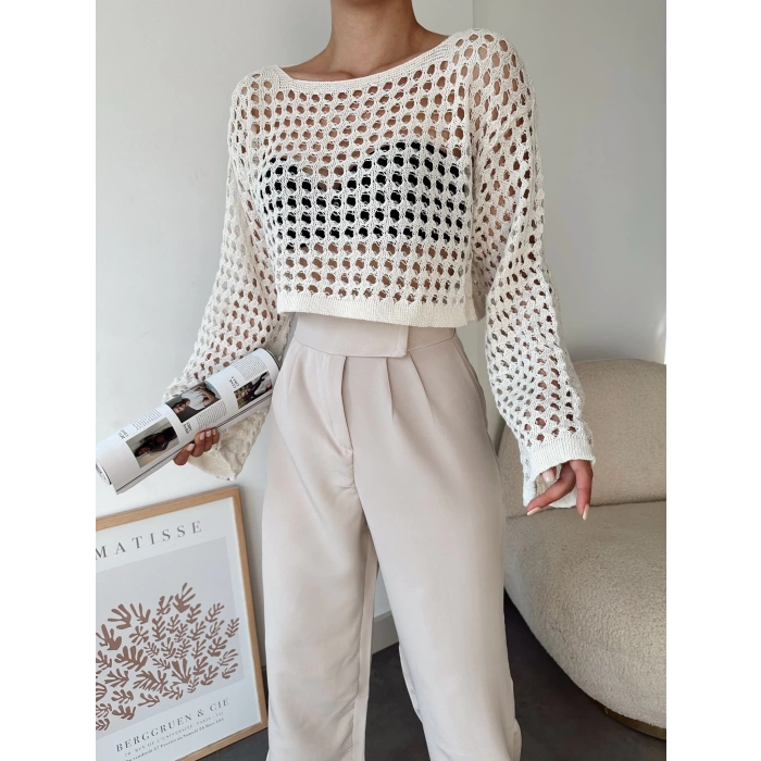 Ajurlu Örgü Crop Kazak-BEJ