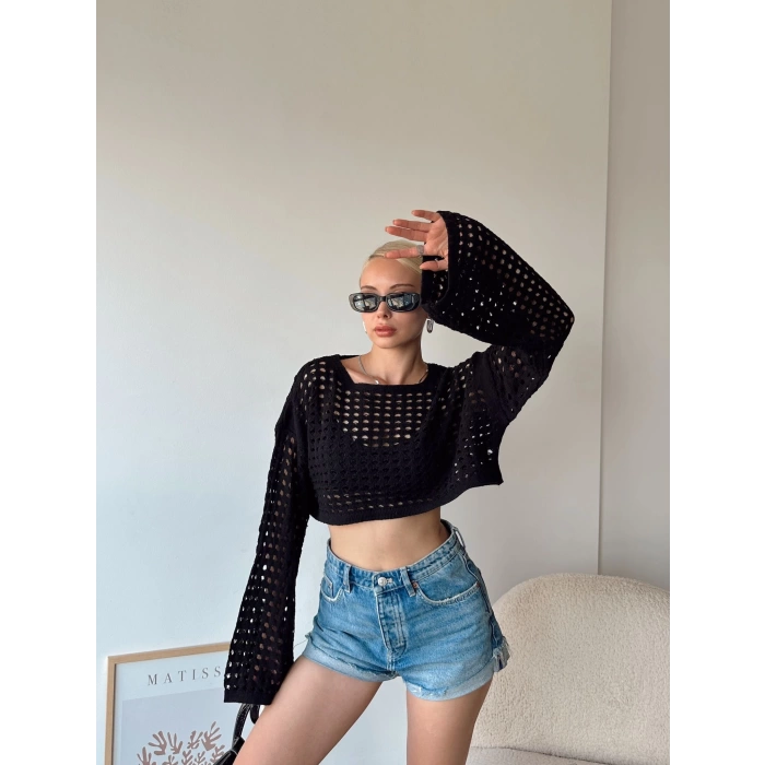 Ajurlu Örgü Crop Kazak-SİYAH