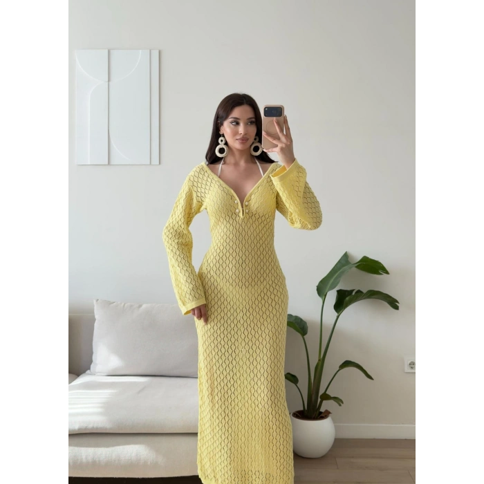Ajurlu Tokalı Plaj Elbise - SARI