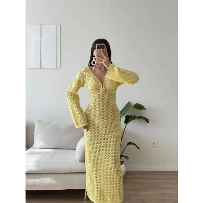 Ajurlu Tokalı Plaj Elbise - SARI