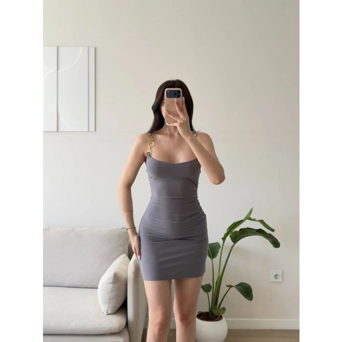 Aksesuar Askılı Mini Elbise - GRİ