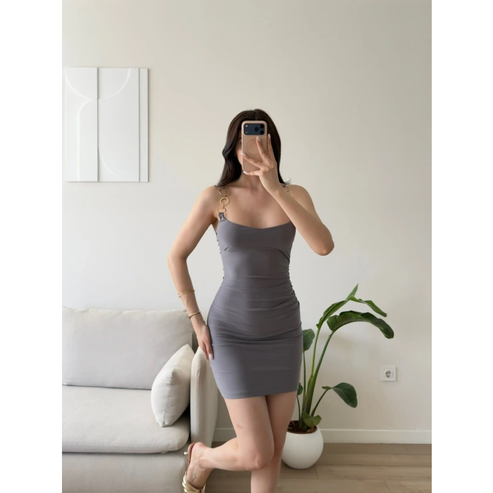 Aksesuar Askılı Mini Elbise - GRİ