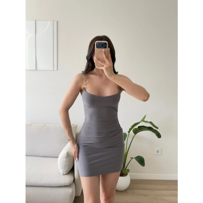 Aksesuar Askılı Mini Elbise - GRİ