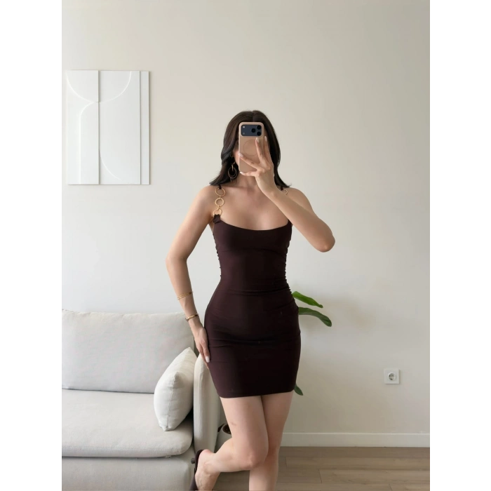 Aksesuar Askılı Mini Elbise - KAHVE