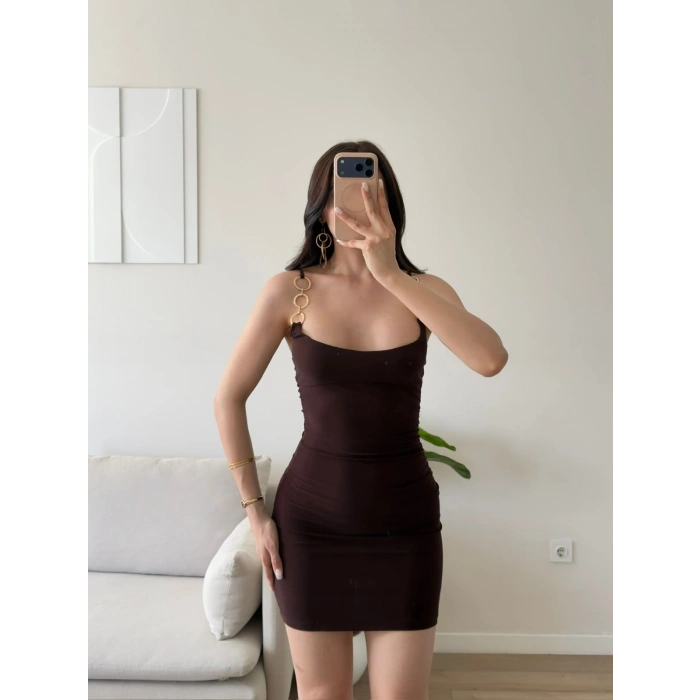 Aksesuar Askılı Mini Elbise - KAHVE