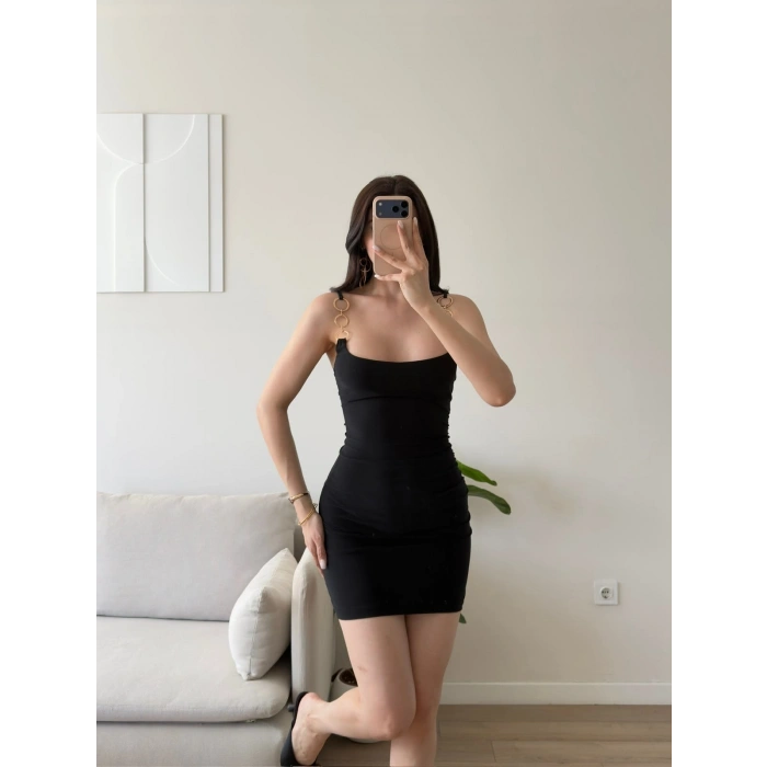 Aksesuar Askılı Mini Elbise - SİYAH