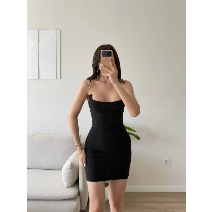 Aksesuar Askılı Mini Elbise - SİYAH