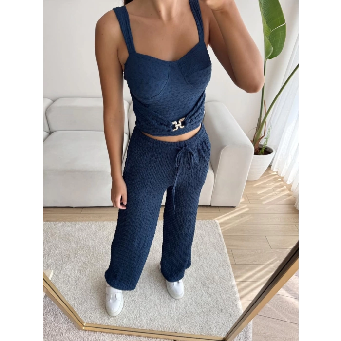 Aksesuar Biyeli Crop & Pantolon Takım - LACİVERT