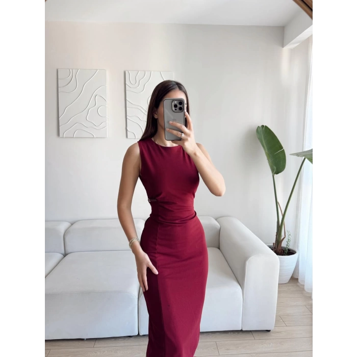 Aksesuar Detay Halter Yaka Elbise - BORDO